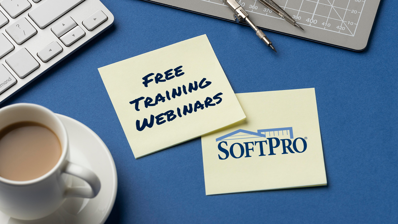 A blue desktop "Free Training Webinars" and the SoftPro logo displayed on yellow sticky notes