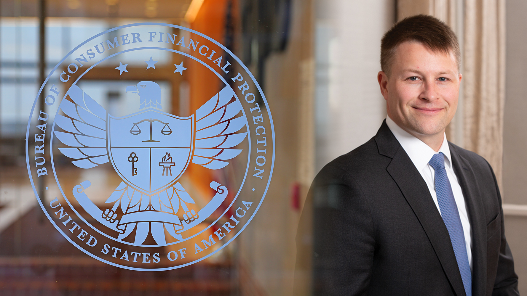 Professional portrait beside the Consumer Financial Protection Bureau seal etched on glass. 