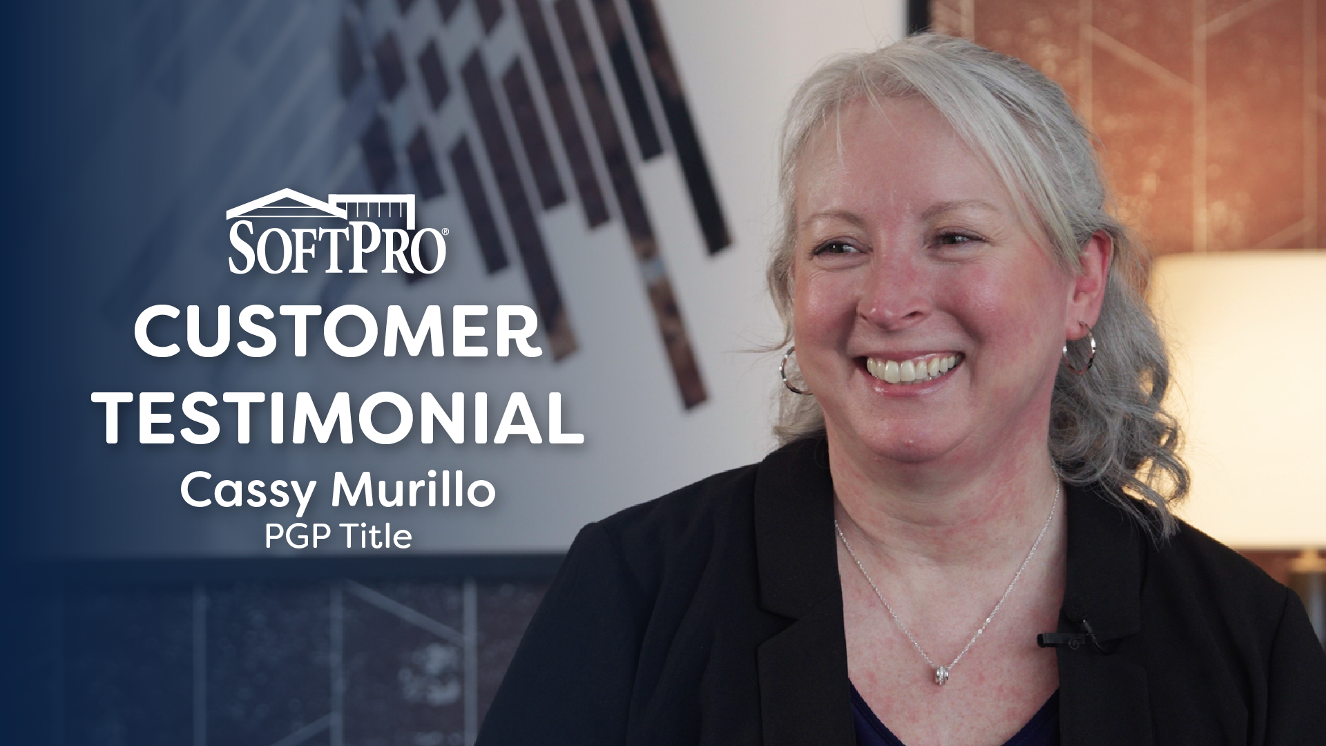 Close-up of a Cassy Murillo seated indoors, with a SoftPro-branded graphic overlay reading “Customer Testimonial” and the name “Cassy Murillo, PGP Title” on the left side of the image.