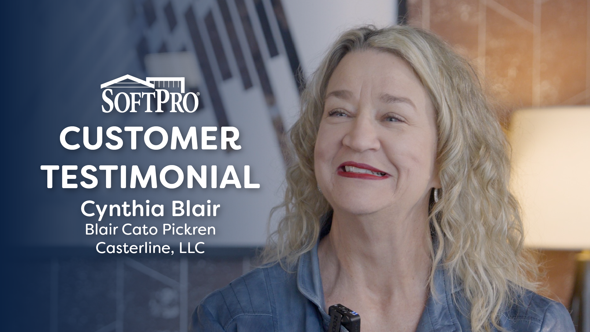 A SoftPro customer testimonial graphic showing text that reads “SoftPro Customer Testimonial — Cynthia Blair, Blair Cato Pickren Casterline, LLC,” alongside Cynthia, who is seated in an indoor setting.
