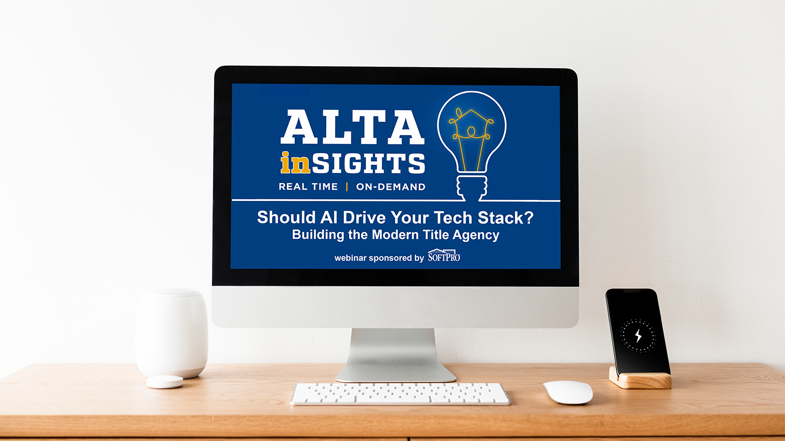 Computer monitor displaying an ALTA Insights webinar titled “Should AI Drive Your Tech Stack? Building the Modern Title Agency,” sponsored by SoftPro.